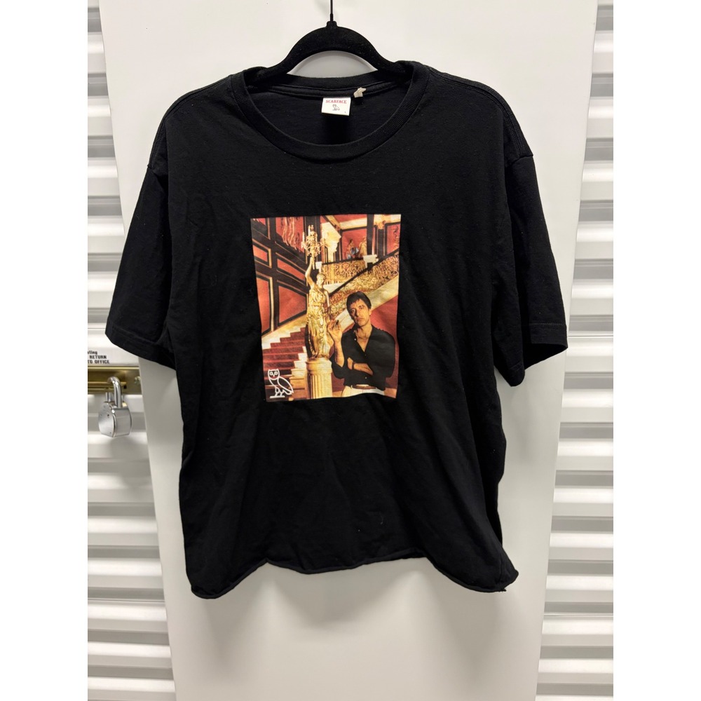 OVO Scarface T-Shirt Mens Large Black Tony Montana Graphic Raw Hem